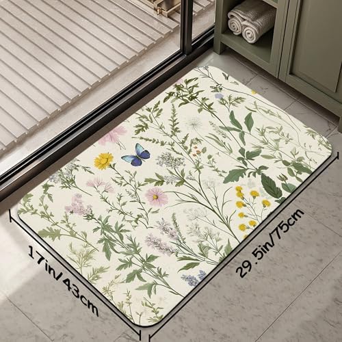 Vintage Floral Bath Mat 29.5"x17", Herbs Wild Flowers Slim Low-Profile Fast - Image 2