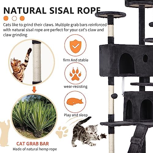 BestPet | 70" Cat Tree Tower | Dark Gray | Sturdy Multi-Level Cat Tree - Image 4