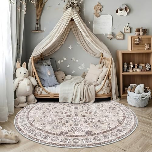 4ft Round Area Rug for Dining Table Non-Slip Washable Floor Mat Beige by NYZEL