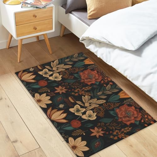 Giwawa Boho Floral Bath Rug Black Mid Century Bathtub Mat Absorbent Non Slip - Image 2