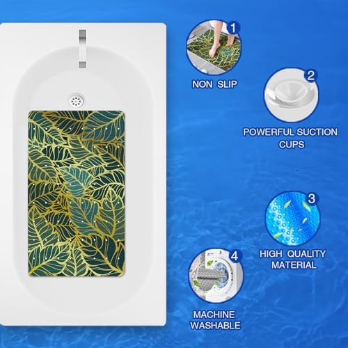 Gold Leaves Bathtub Mat Non Slip Green Tropical Leaf Shower Mat Anti Slip Bath - Image 3