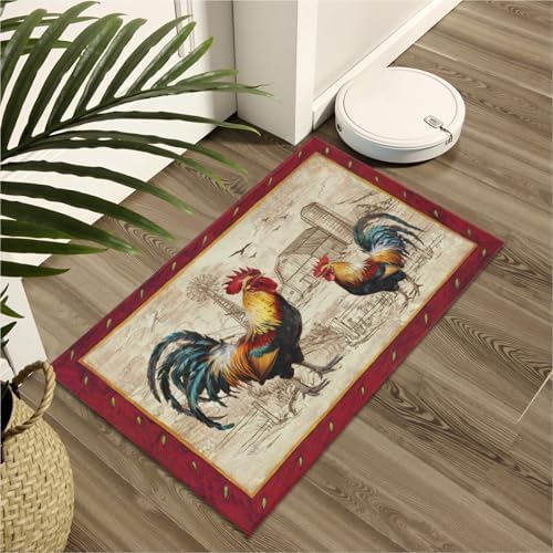 Giwawa Farm Rooster Bath Rug Red Rustic Chicken Bathroom Mat Absorbent Bath - Image 6