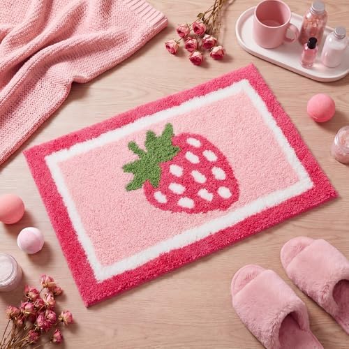 Boao Strawberry Bathroom Rug Tufted Bath Mat Pink Non-Slip 24 x 16 Inches - Image 3
