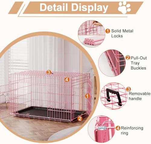FDW | 42" Foldable Metal Dog Crate | Pink | Cage - Image 3