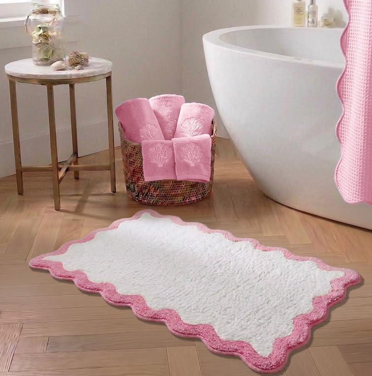 Cute Pink Scalloped Bathroom Mat, Fun Plush Luxury Microfiber Bath Rug by Casasphere