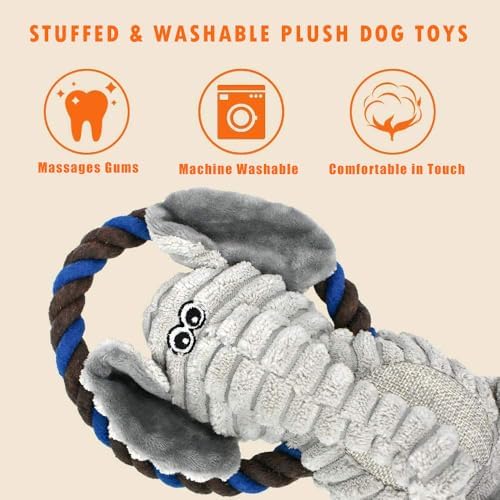 Monkey Rope Dog Toy, Plush Elephant Squeaky Dog Toy, 2 Pack - Image 3