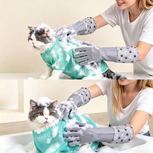 Pet Grooming Long Sleeve Washing Gloves feature silicone grooves design - Image 2