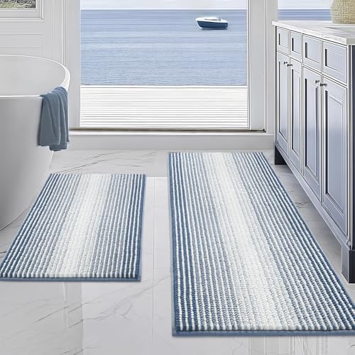 BSICPRO Bathroom Rugs Sets 2 Piece, Non Slip Striped Bath Mats, Fog Blue by BSICPRO