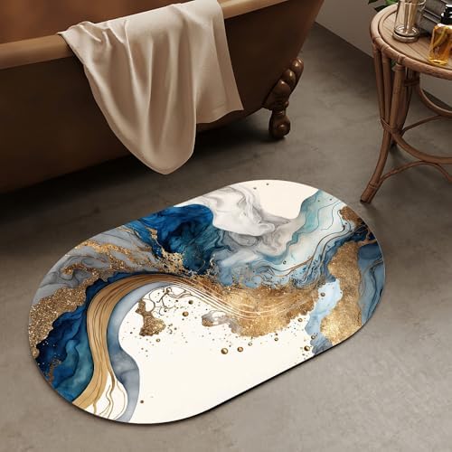 Natural Blue and Gold Marble Super Absorbent Quick-Drying Bathroom Mat Rug - Image 2