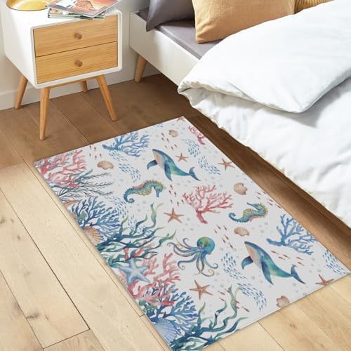 Giwawa Coastal Ocean Bath Rug Seahorse Whales Bathtub Mat Extra Absorbent - Image 2