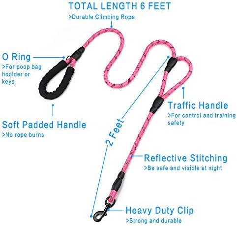 Rope Dog Leash 6ft Long, Traffic Padded Two Handle, Heavy Duty, Reflective - Image 2