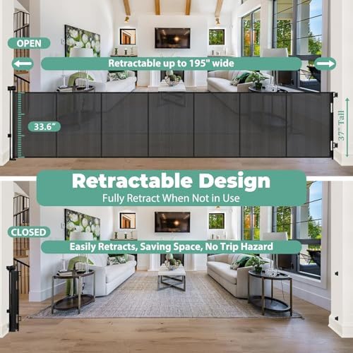 Reinforced 37" Tall x 195" Retractable Baby Gates Extra Wide Dog Gate/Black - Image 3