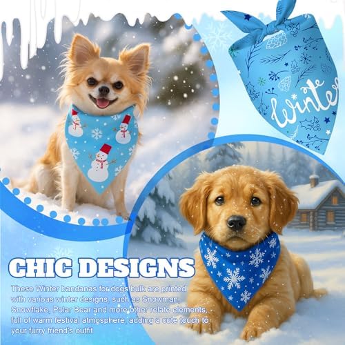 Preboun 100 Pcs Winter Dog Bandanas Bulk, Blue and White Snowman Snowflakes - Image 4