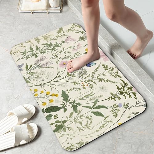 Vintage Floral Bath Mat 29.5"x17", Herbs Wild Flowers Slim Low-Profile Fast by Unknown