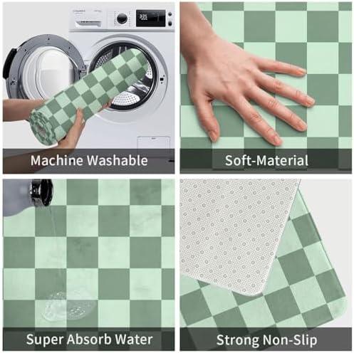 Checkered Green Bath Mat Non-Slip Soft Microfiber Bathroom Rugs Washable Bathmat - Image 6