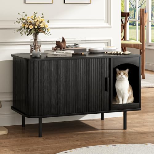 Cat Litter Box Enclosure Furniture, Fluted Hidden Litter Box by WINWY