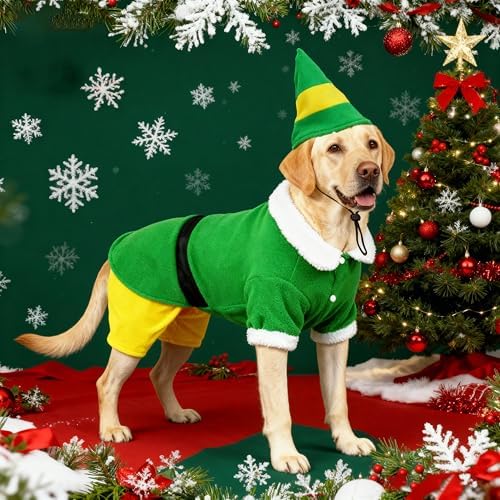 Dog Elf Christmas Outfit with Cap, Funny Party Cosplay Winter Warm Dogs Christmas Outfit (Green, Medium) - Image 5