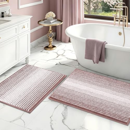 BSICPRO Bathroom Rugs Sets 2 Piece, Non Slip Striped Bath Mats, Mauve Brown by BSICPRO