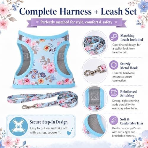 Step in Dog Harness Leash Set- All Weather Reflective No-Pull Floral Pattern - Image 2