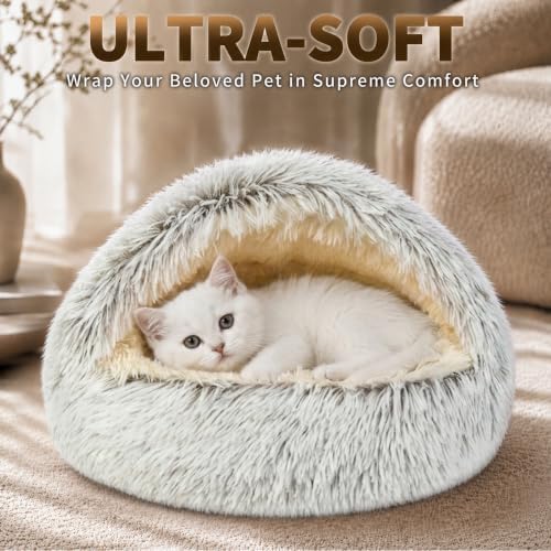 ShinHye Round Plush Fluffy Hooded Cat Bed Cave, Cozy - Image 3