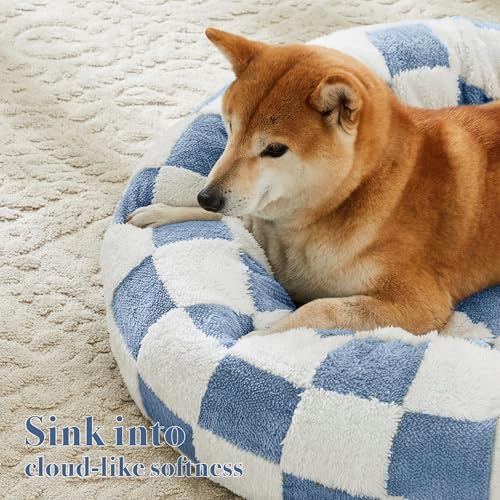 Ohocut Checkered Cat Dog Bed, Cute Blue Retro Style Aesthetic Round Warming Pet - Image 2