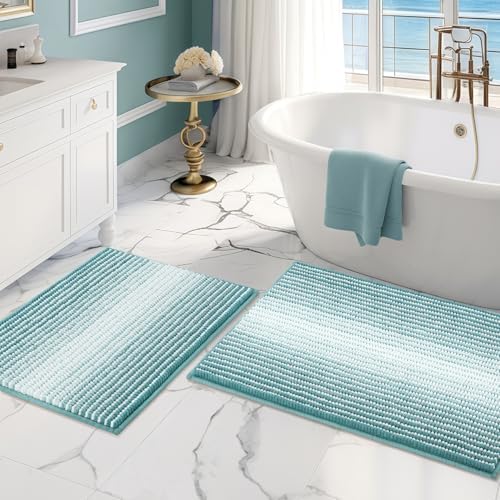 BSICPRO Bathroom Rugs Sets 2 Piece, Non Slip Striped Bath Mats, Aqua Green by BSICPRO