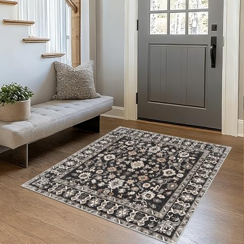 Washable 3x3 Square Rug for Entry Bathroom Kitchen Bedroom Black by NYZEL