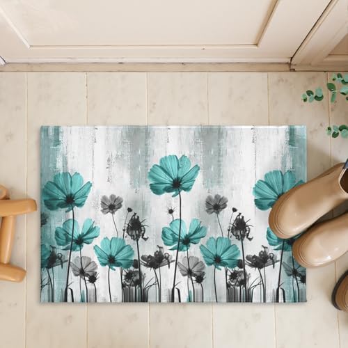 Giwawa Teal Floral Bath Rug Turquoise Flower Bath Carpet Soft Plush Absorbent - Image 7