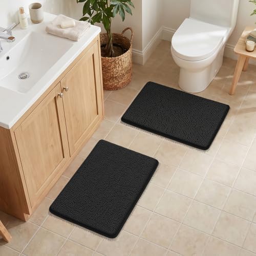 Bcoimo Bath Rug Mat Set, 2 Piece Thick Absorbent Chenille Bathroom Mat Black - Image 5