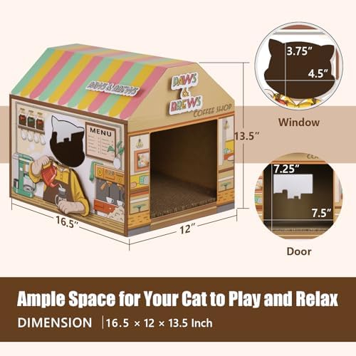 SEKAM Cardboard Cat House with Scratcher/Catnip, Kitty Coffee Shop - Image 2