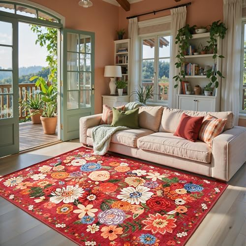 Red Garden Floral Area Rug 4x6 for Bedroom Dining Room by WelcometoBabovid