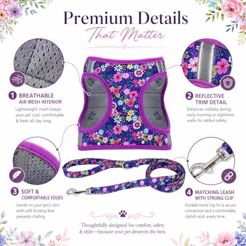 Step in Dog Harness Leash Set- All Weather Reflective No-Pull Floral Pattern - Image 2