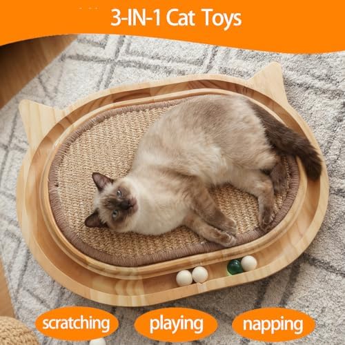 Cat Scratcher with Ball Track, Wooden Sisal Cat Scratching Pad - Image 3