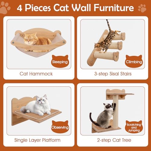 Tangkula Cat Wall Shelves, 4 Pieces Wooden Wall Mounted Kitten Furniture Set - Image 6