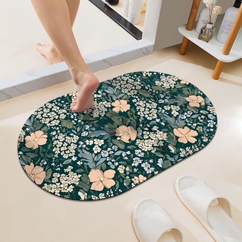 Dark Teal Busy Floral Super Absorbent Quick-Drying Bathroom Mat Rug, Rubber by ZHUZHISHAN