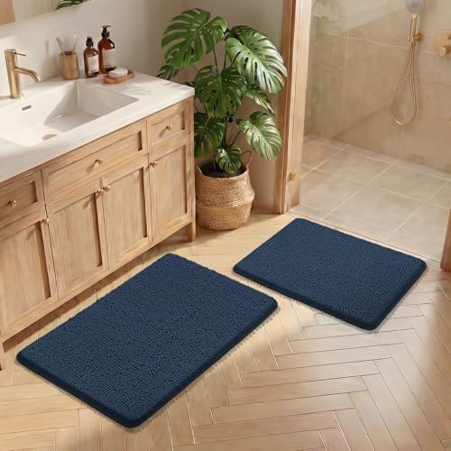 Bcoimo Bath Rug Mat Sets, 2 Piece High Absorbent Chenille Bathroom Mat Navy - Image 5