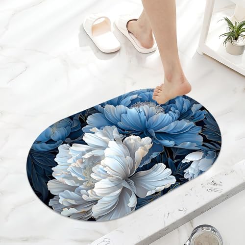 White and Blue Peony, Super Absorbent Quick-Drying Bathroom Mat Rug, Rubber - Image 6