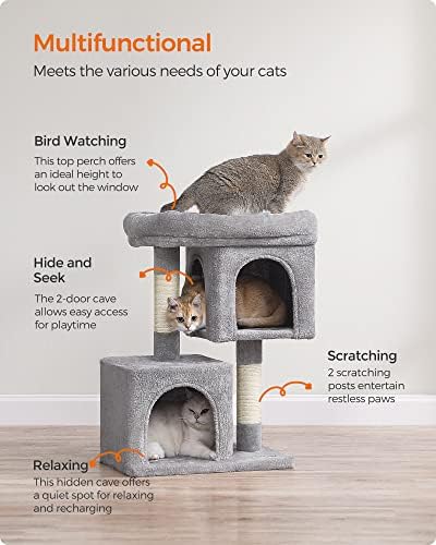 Feandrea Cat Tree, 29.1-Inch Small Cat Tower, Cute Plush Condo, Light Gray - Image 4