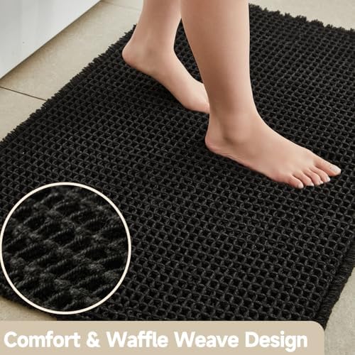 TYUU Black Waffle Bath Mat, Boho Bathroom Rugs Non Slip Washable - Image 4