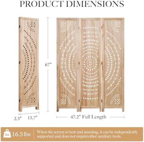 66.9Inch Folding Room Divider, 3 Panels Wood Carved Privacy Screens, Free - Image 5