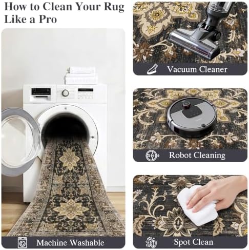 Washable 3x3 Square Rug for Entry Bathroom Kitchen Bedroom Black/Gold - Image 7