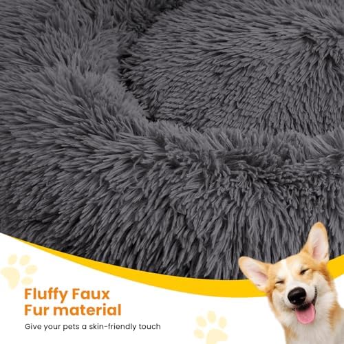Calming Dog Beds for Large Dogs, Faux Fur Donut Cuddler Dog Bed, Round Fluffy - Image 2