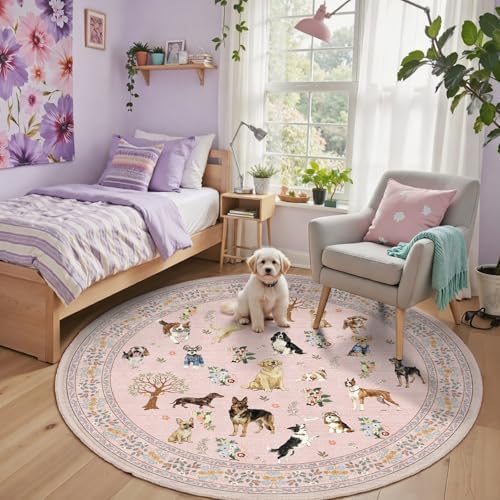 Pink 4Ft Round Dogs Area Rug for Living Room Bedroom by WelcometoBabovid