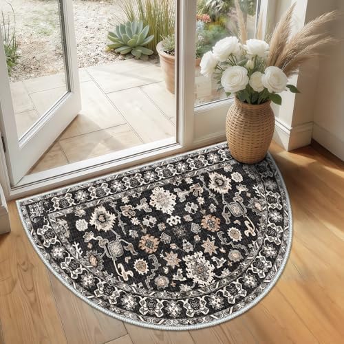 Black Vintage Washable Entryway Rug：1.7x3 Semicircular Non Slip Resistant Design - Image 2