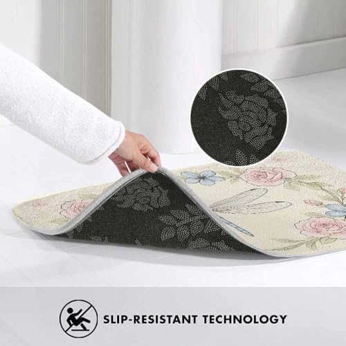 Floral Frame and Dragonfly Bath Rugs Microfiber Bathroom Mat Soft Plush Shaggy - Image 5