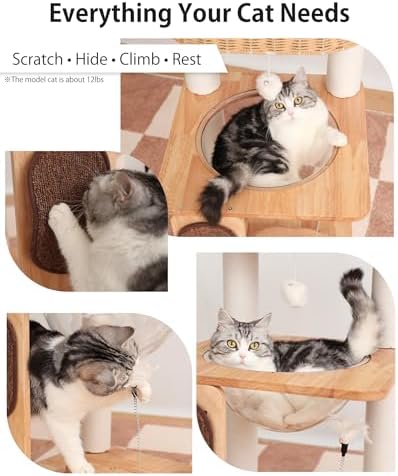 32" Wood Cat Tree Tower, Acrylic Bowl, Woven Bed & Scratch Board - Image 5