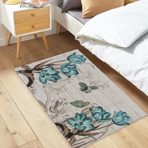 Giwawa Teal Floral Bath Rug Butterfly Flower Bath Carpet Soft Bathroom Plush - Image 2
