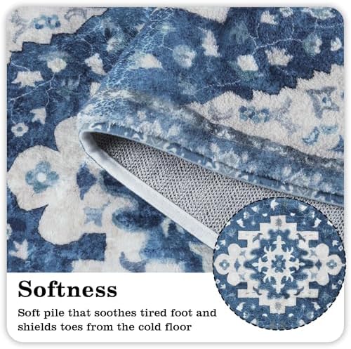 Uphome Boho Vintage Large Bathroom Rugs Blue Non-Slip Soft Hallway Runner - Image 2