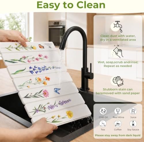 LOKHOM Stone Dish Drying Mat, 15.3"x23.6" Diatomaceous Earth Mat Floral - Image 5