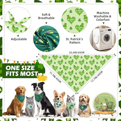 [Hemmed] 100 Pcs St. Patrick's Day Dog Bandanas Bulk Shamrock Pet Scarves Lucky Adjustable Bibs for X-M-L Dogs Washable Holiday Puppy Kerchief for Groomers Shelters - Image 3